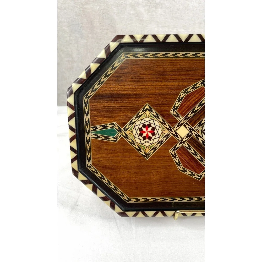 Vintage Spanish Taracea Marquetry Wooden Tray Octagonal Geometric Inlay Platter